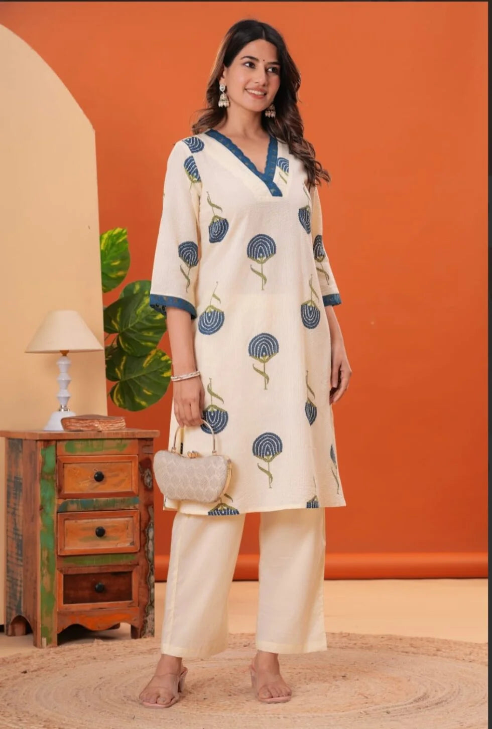 Pure Cotton Printed Kurta Fabric | Lace Work on Neck & Sleeves | Comfortable & Elegant