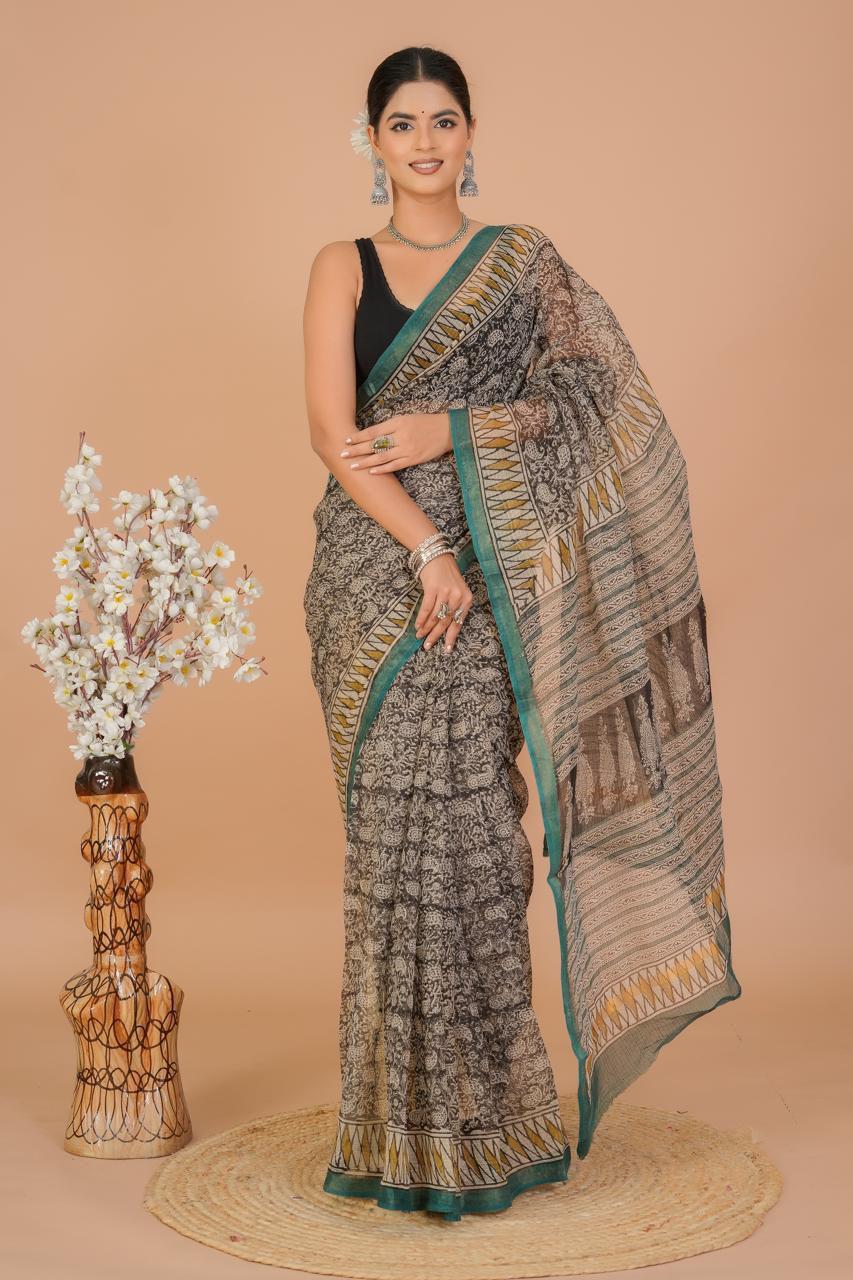 Hand Block Printed Kota Doriya Saree 12