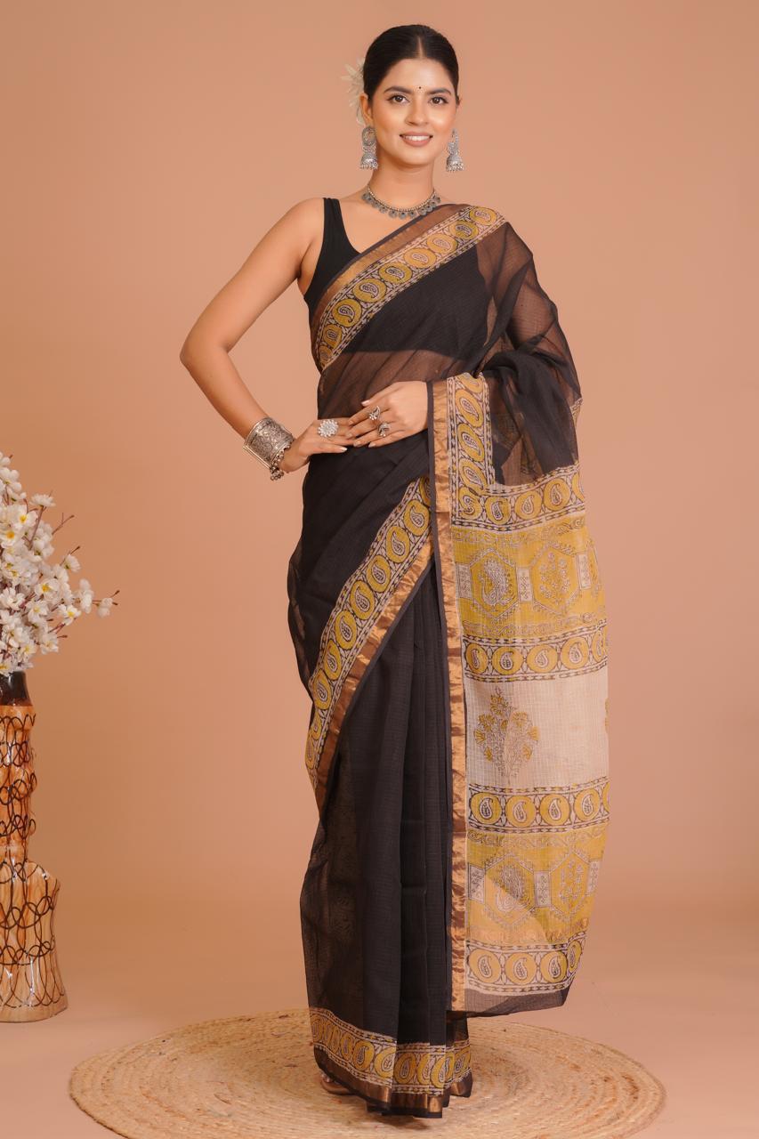 Hand Block Printed Kota Doriya Saree 08