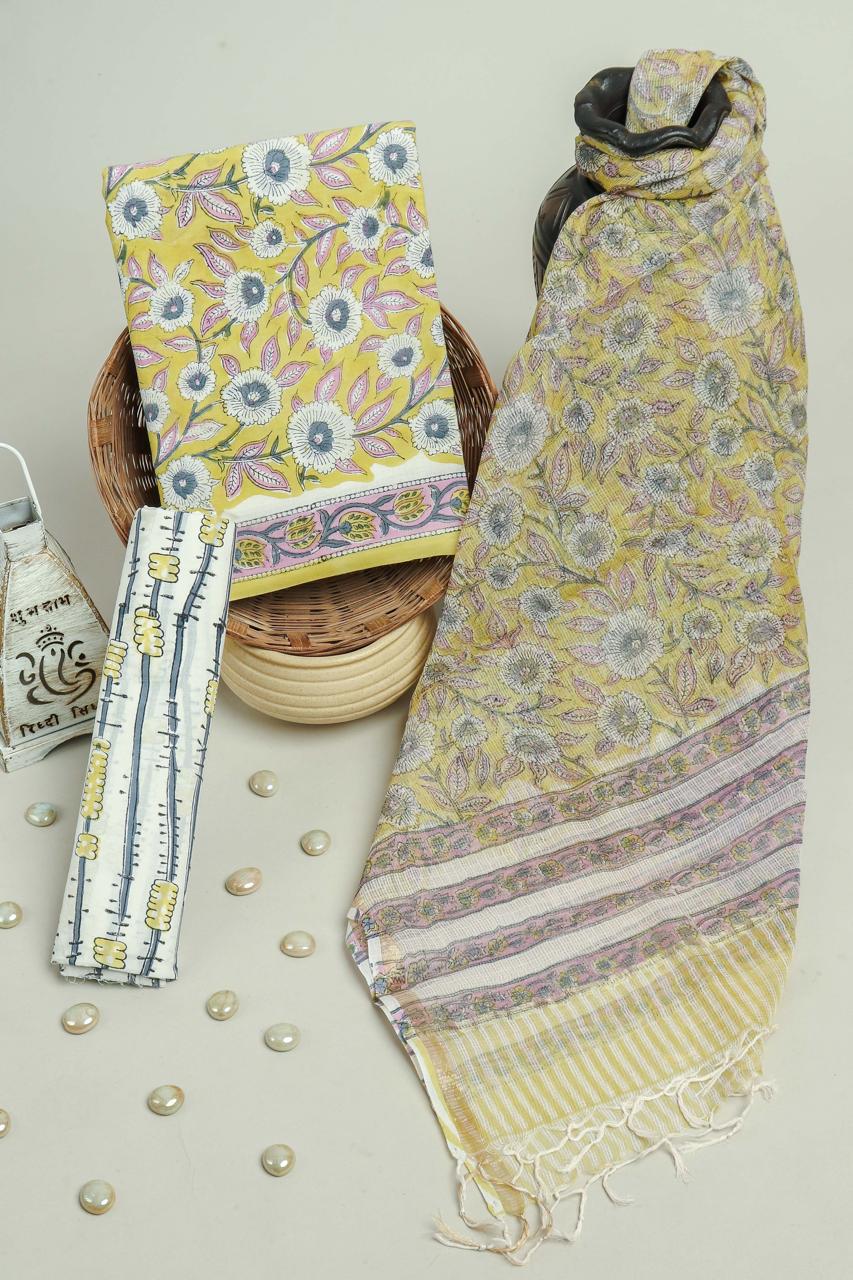 Lemon Blossom Cotton Suit with Kota Doriya Dupatta