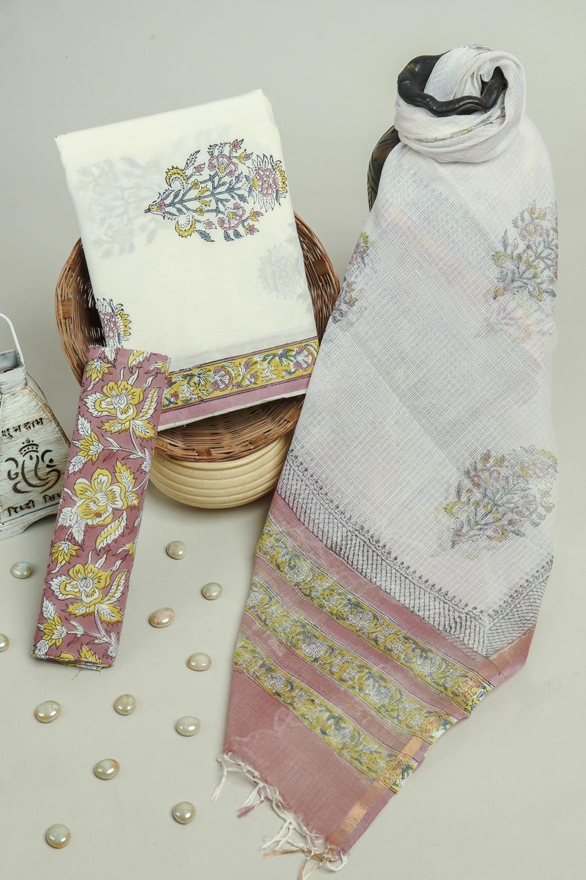 Soft Pink Floral Elegance Cotton Suit with Kota Doriya Dupatta