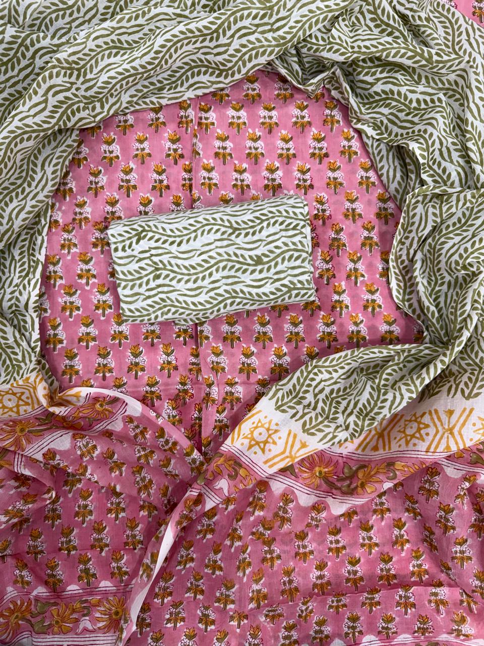 Pink Floral Hand Block Printed Cotton Suit Set with Mulmul Dupatta