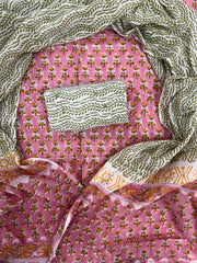 Pink Floral Hand Block Printed Cotton Suit Set with Mulmul Dupatta
