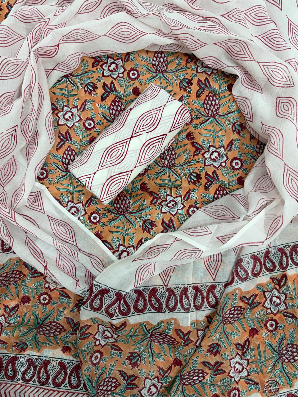 Peach Floral Hand Block Printed Cotton Suit Set with Mulmul Dupatta