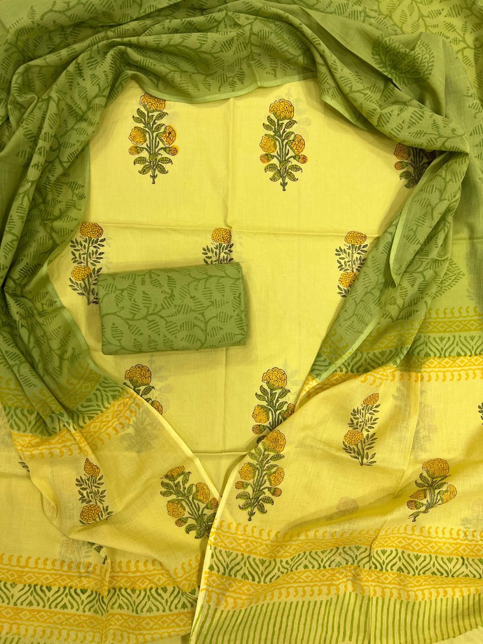 Lime Blossom Handblock Printed Cotton Suit Set with Soft Mulmul Dupatta