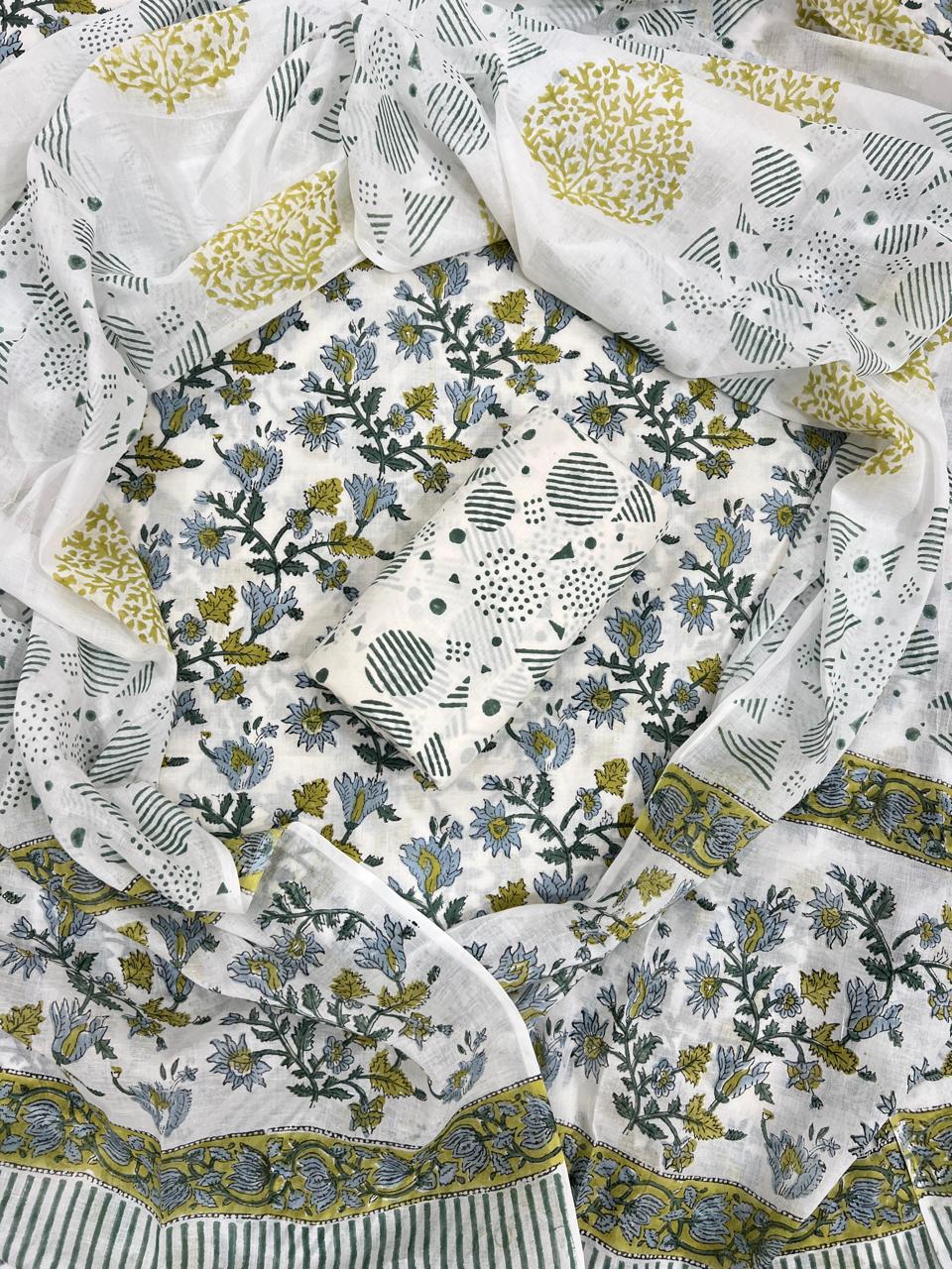 White Blue Floral Cotton Dress Material with Elegant Printed Dupatta