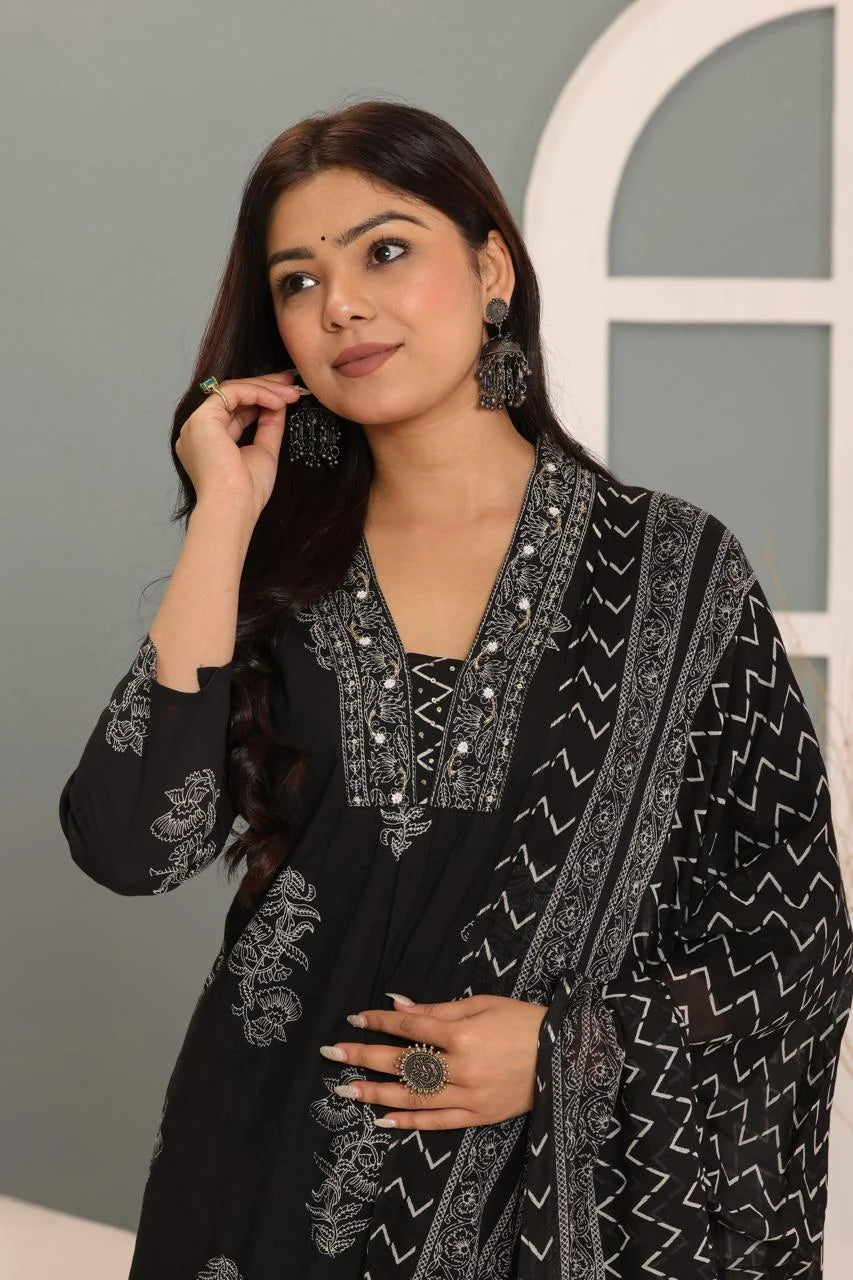 A-Line Kurta – Pure Cotton | Discharge Print with Handwork
