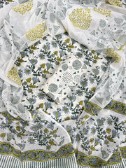 White Blue Floral Cotton Dress Material with Elegant Printed Dupatta