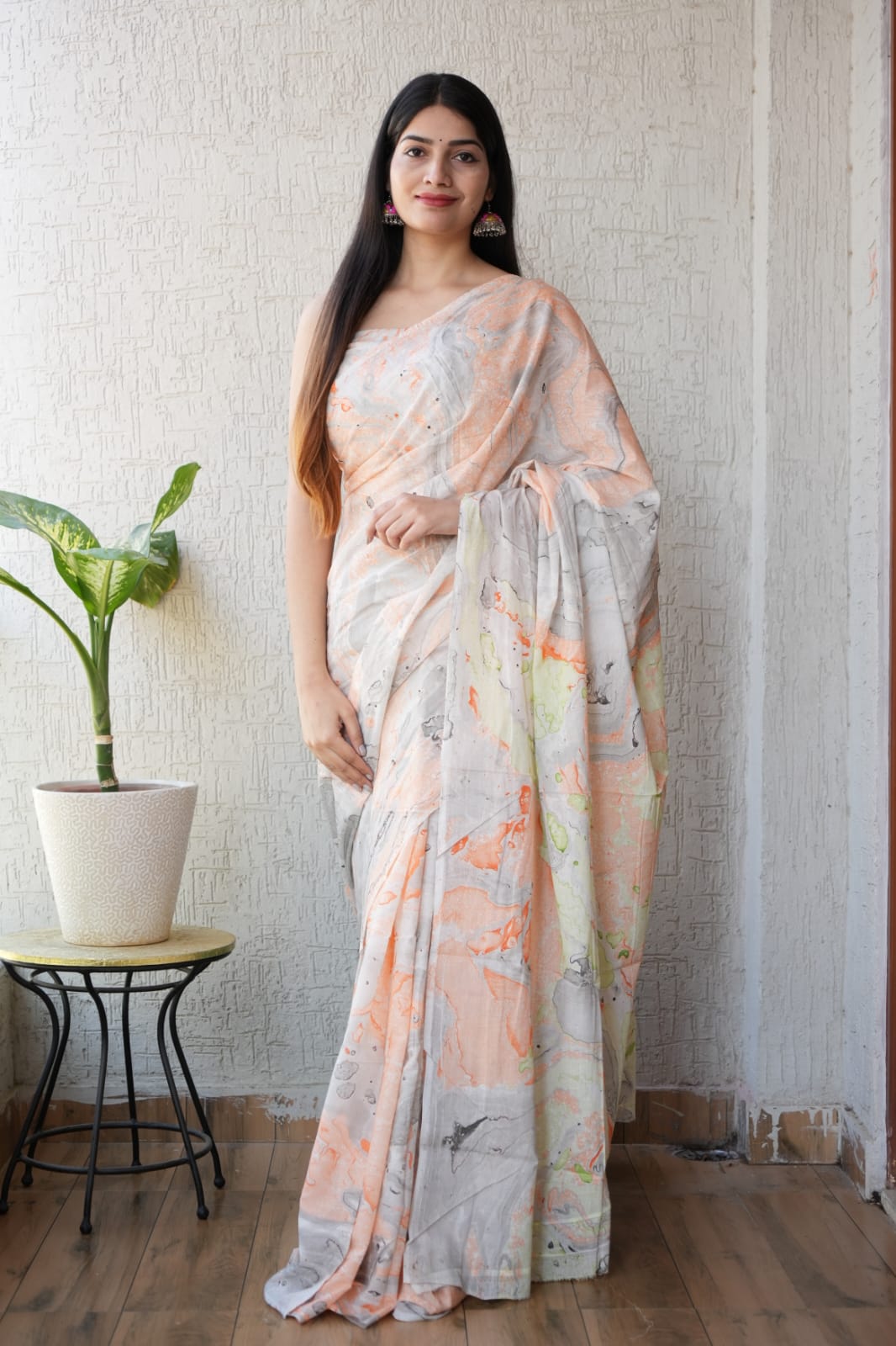 Soft Peach Abstract Bagru Handblock Printed MulmulSaree
