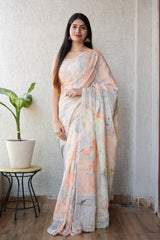 Soft Peach Abstract Bagru Handblock Printed MulmulSaree