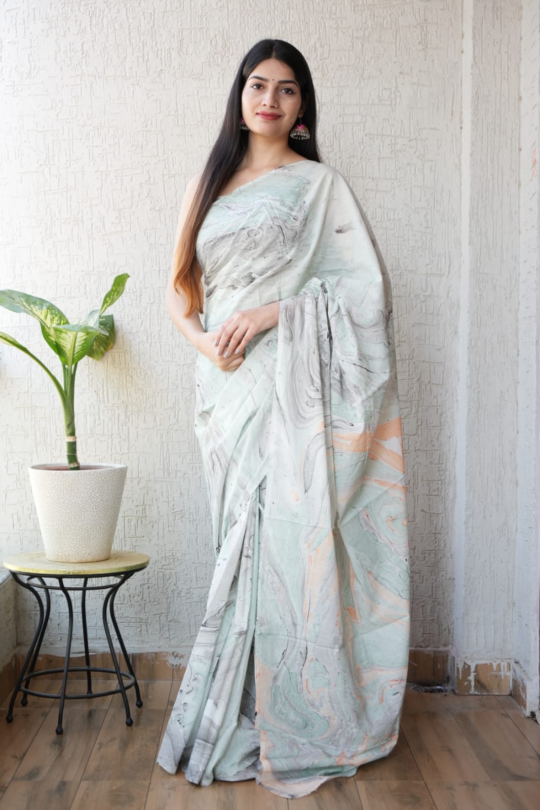 Soft Mint Abstract Bagru Handblock Printed Mulmul Saree