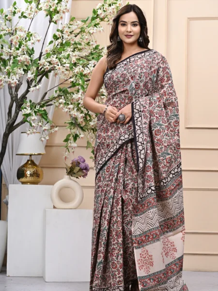 Bagru Kalamkari Handblock Printed Mulmul Cotton Saree