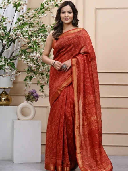 Curated Handblock Printed Maheshwari Silk Saree with Blouse