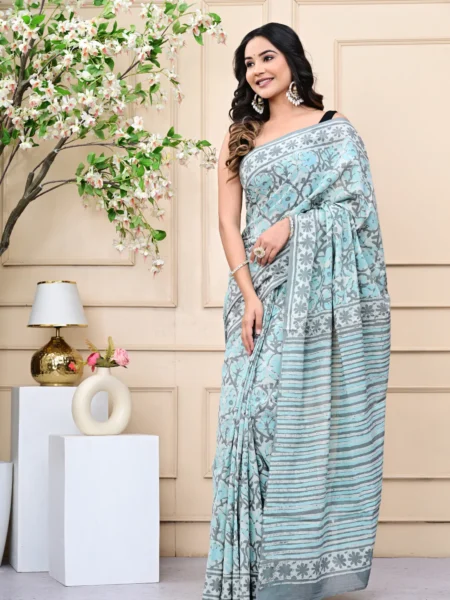 Sky Blue Grey Dabu Print Mulmul Cotton Saree