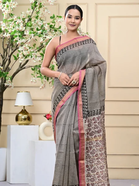 Checkbox Bagru Handblock Printed Maheshwari Silk Sarees