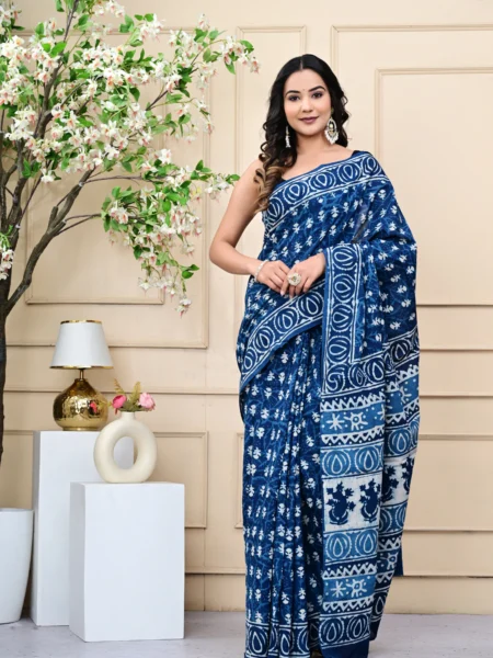 Indigo Blue Butti Mulmul Cotton Saree