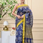 Navy Blue Bagru Print Maheshwari Silk Sarees