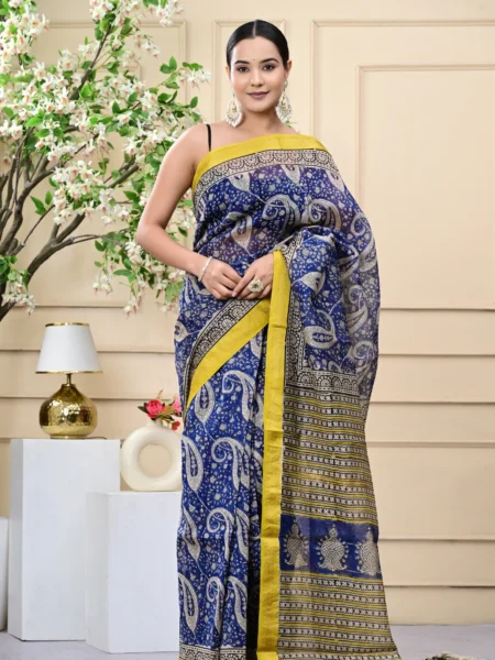 Navy Blue Bagru Print Maheshwari Silk Sarees