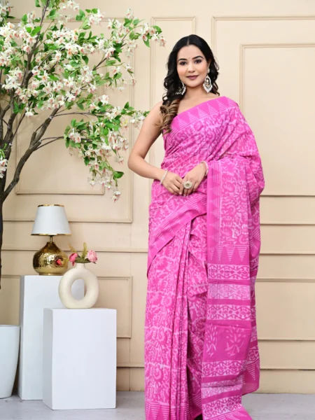 Pink Dabu Print Mulmul Cotton Saree