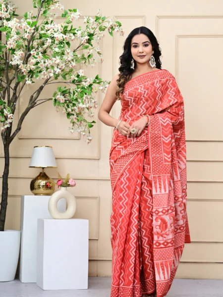 Dabu Lehariya Hand-Block Print Mulmul Cotton Saree
