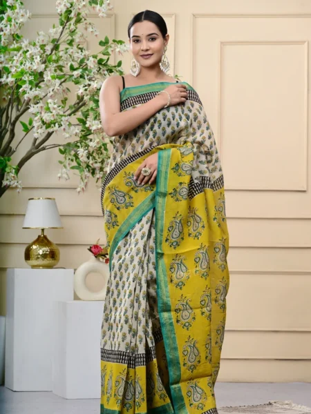 Premium Bagru Handblock Printed Maheshwari Silk Sarees