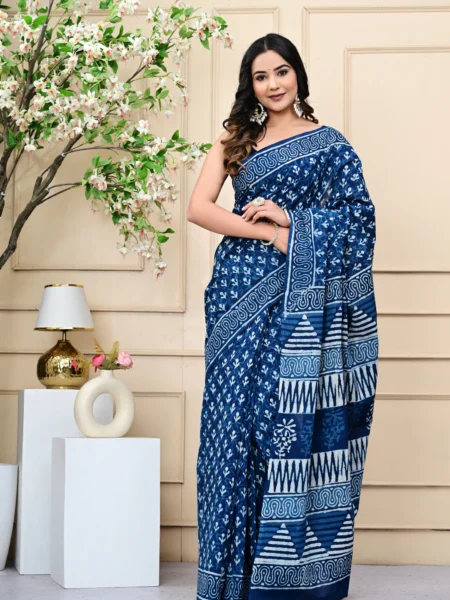 Indigo Blue Hand-Block Print Mulmul Cotton Saree
