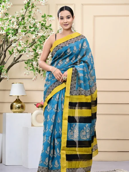 Carry Design Bagru Handblock Printed Maheshwari Silk Sarees