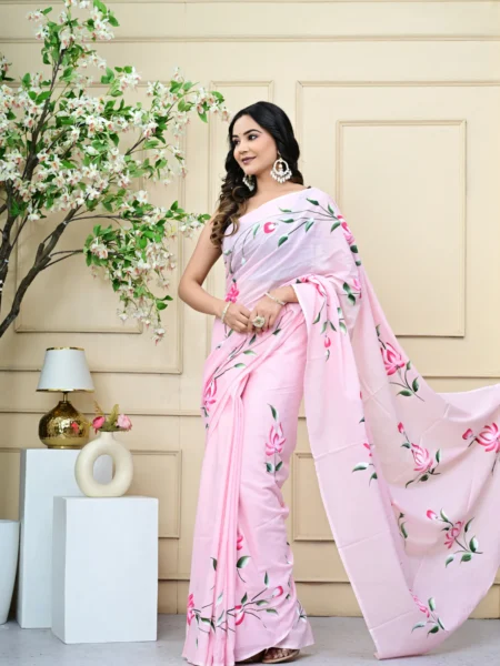 Light Baby Pink Brush Print Mulmul Cotton Saree