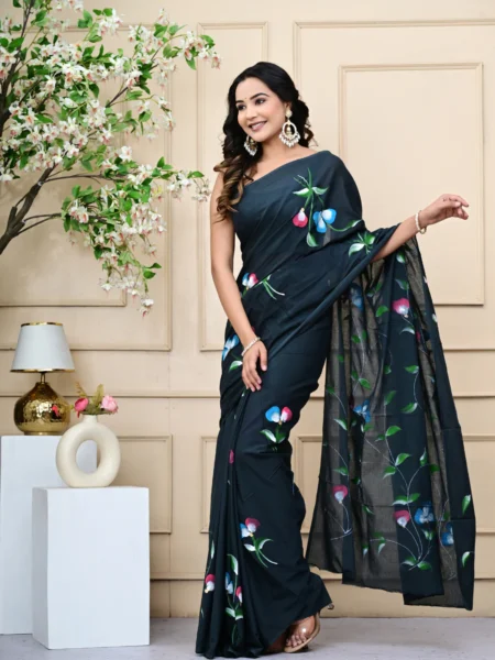 Premium Mulmul Cotton Black Brush Print Saree