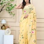 Yellow Brush Print Mulmul Cotton Saree