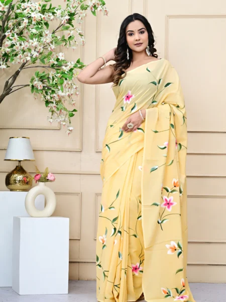 Yellow Brush Print Mulmul Cotton Saree