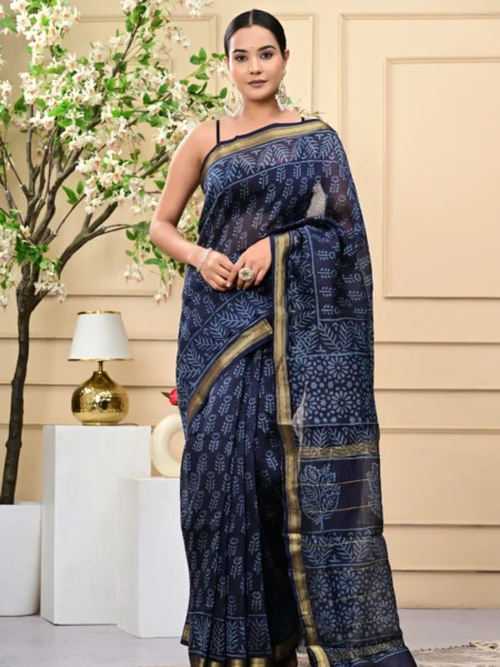 Dark Blue Handblock Printed Maheshwari Silk Sarees