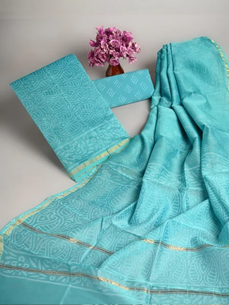 Traditional Sky Blue Hand-Block Printed Chanderi Silk Suits