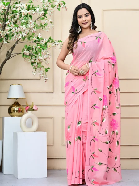 Summer Green Mulmul Cotton Saree – Brush Print