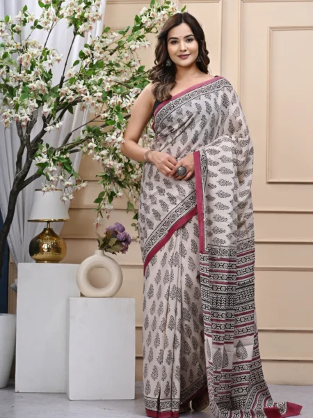 Traditional Butti Bagru Handblock Printed Mulmul Cotton Saree