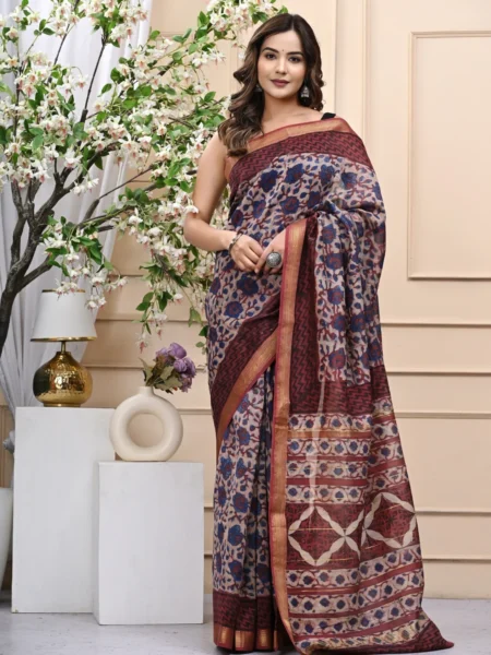 Artisanal Vanaspati Ajrakh Maheshwari Handblock Saree with Blouse