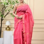 Warm Pink Handblock Print Maheshwari Silk Sarees