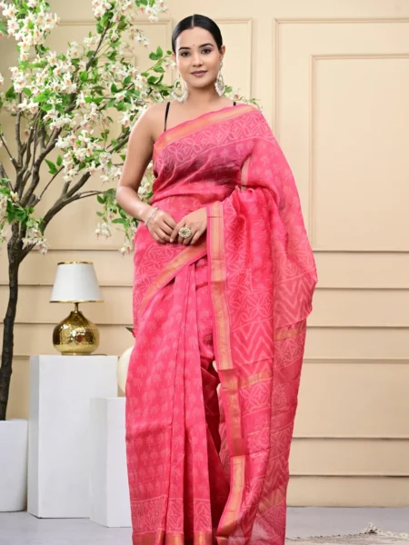 Warm Pink Handblock Print Maheshwari Silk Sarees