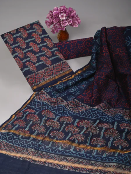 Ajrakh and Bagru hand-block printed Chanderi silk suit