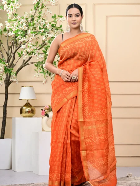 Orange Handblock Printed Maheshwari Silk Sarees