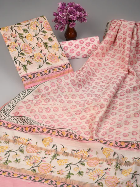 Premium Colorful Jaal Chanderi Silk Handblock Print Suit Set