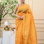 Mustard Yellow Handblock Printed Maheshwari Silk Sarees