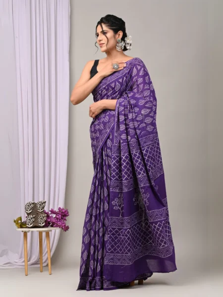 Purple Bagru Handblock Printed Mulmul Cotton Saree
