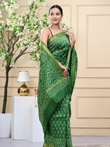 Green Handblock Printed Maheshwari Silk Sarees
