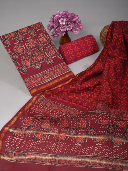 Mehroon Azarak Handblock Print Chanderi Silk Suit Set