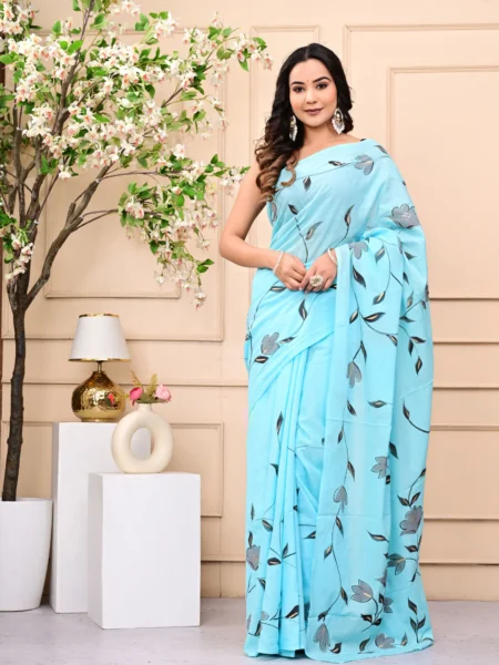 Sky Blue Hand-Brush Print Mulmul Cotton Saree