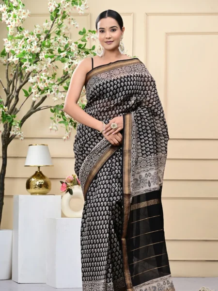 Black Bagru Handblock Printed Maheshwari Silk Sarees