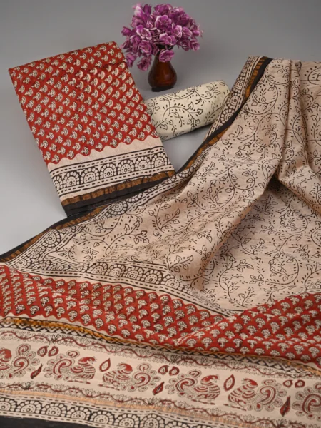 Beige and Red Bagru Print Chanderi Silk Suit Set