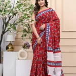 Red Bagru Handblock Printed Mulmul Cotton Saree with Blouse