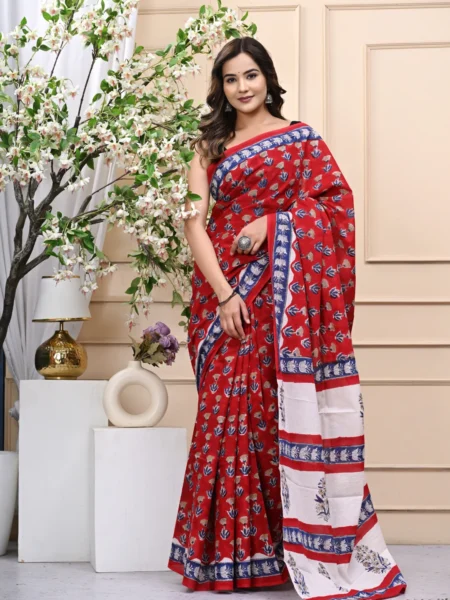 Red Bagru Handblock Printed Mulmul Cotton Saree with Blouse